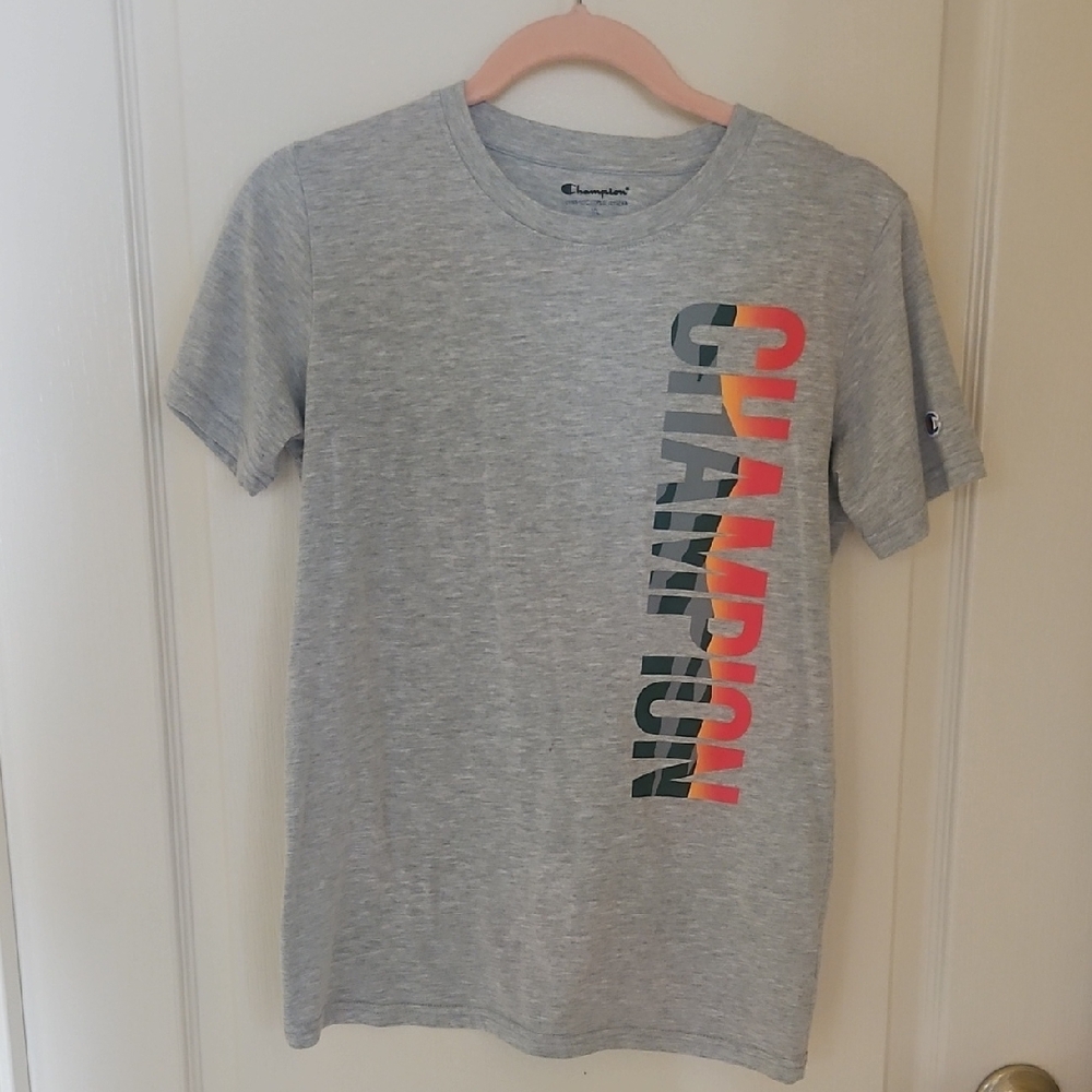 Champion Tee Shirt Grey Orange Red Gray  Logo YXL